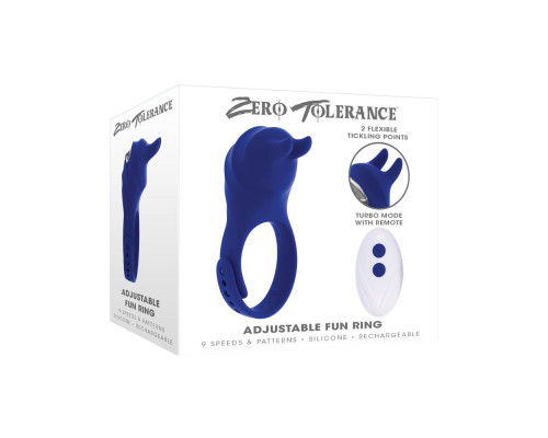 Синее эрекционное виброкольцо с клиторальной подушечкой и пультом ДУ Adjustable Fun Ring