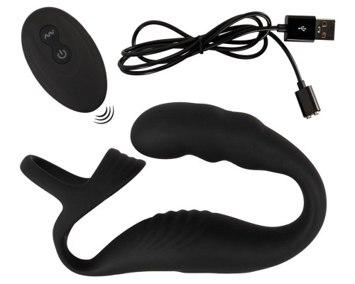 Черное эрекционное кольцо со стимуляцией промежности и анальной пробкой Cock Ring with RC Prostate Plug