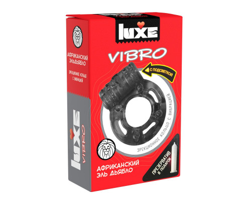 Чёрное эрекционное виброкольцо Luxe VIBRO «Африканский Эль Дьябло» + презерватив