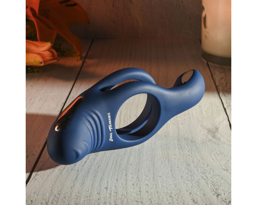 Синее эрекционное виброкольцо с двойным подхватом мошонки Ring Around The Rosy