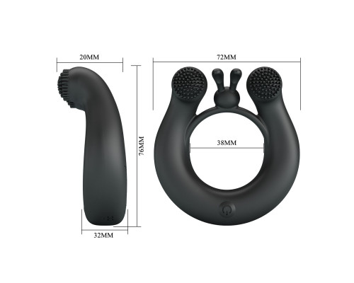 Черное эрекционное кольцо Dahlia с 2 стимулирующими щеточками