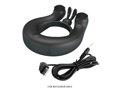 Черное эрекционное кольцо Dahlia с 2 стимулирующими щеточками