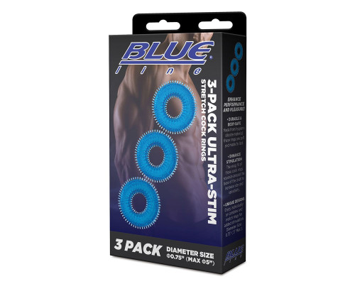 Комплект из трех голубых колец для эрекции 3-Pack Ultra-Stim Stretch Cock Rings
