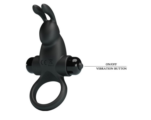 Черное эрекционное кольцо с выступом-зайчиком для стимуляции клитора