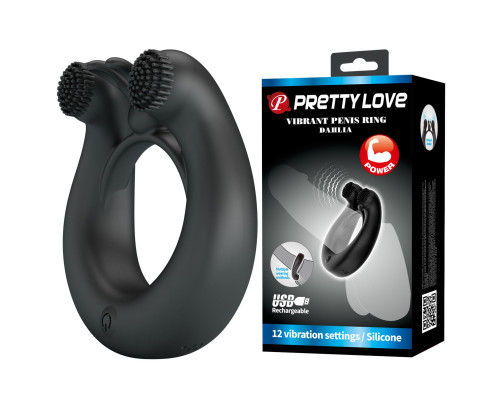 Черное эрекционное кольцо Dahlia с 2 стимулирующими щеточками