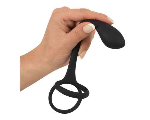 Эрекционное кольцо с утяжкой на мошонку и анальным плаг Black Velvets