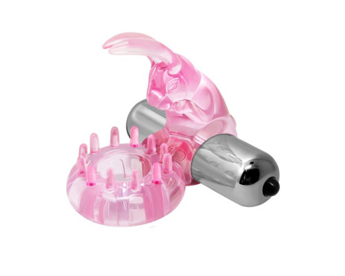 Эрекционное розовое виброкольцо с клиторальным зайчиком