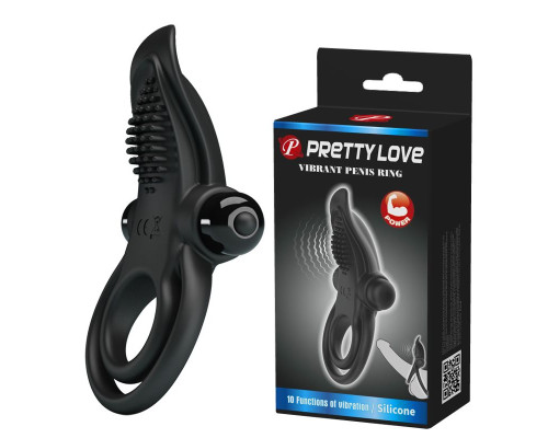 Черное силиконовое эрекционное кольцо с вибрацией и подхватом мошонки