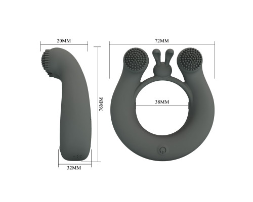 Серое эрекционное кольцо Dahlia с 2 стимулирующими щеточками