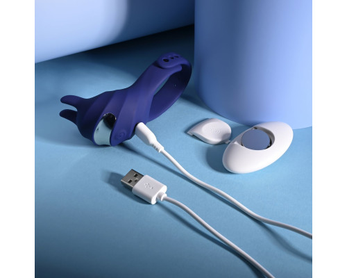 Синее эрекционное виброкольцо с клиторальной подушечкой и пультом ДУ Adjustable Fun Ring