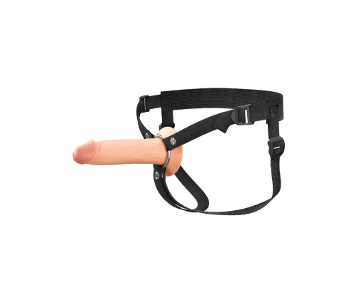 Телесный полый страпон на черных ремнях Hollow Silicone Strap-on - 17,8 см.