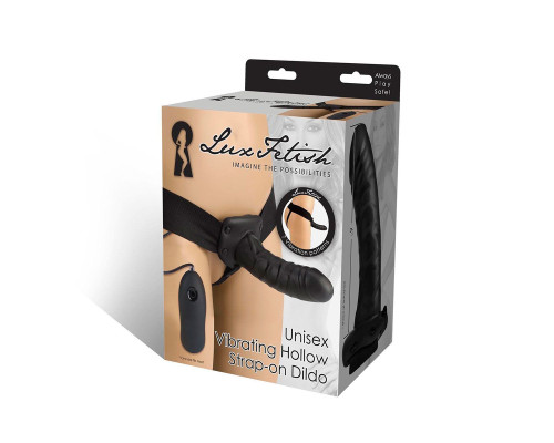Чёрный полый страпон с вибрацией Unisex Vibrating Hollow Strap-On - 14 см.