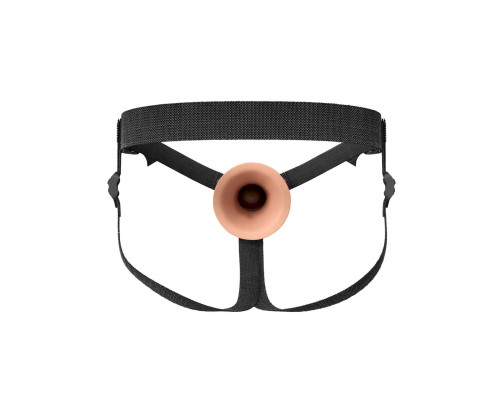Телесный полый страпон на черных ремнях Hollow Silicone Strap-on - 17,8 см.