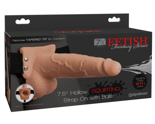 Телесный полый страпон с имитацией эякуляции 7.5  Hollow Squirting Strap-On with Balls - 21,6 см.