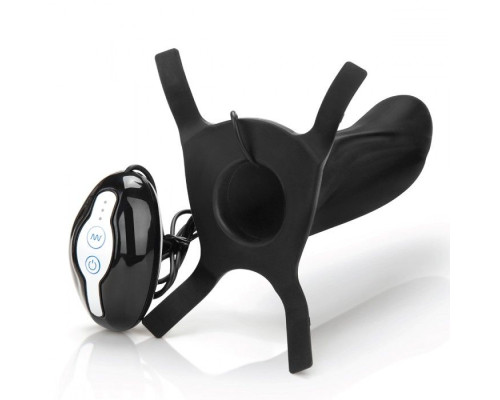 Черный полый страпон с вибрацией Mojo Ghia - 16 см.