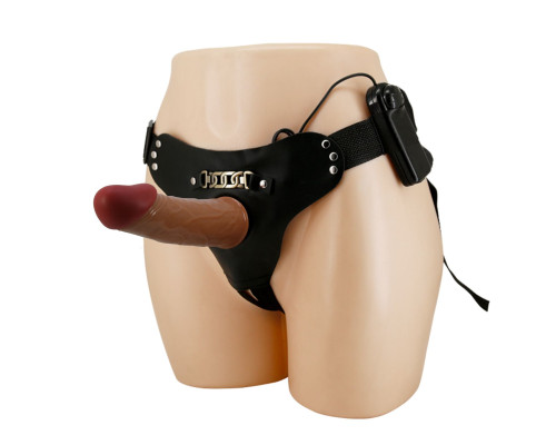 Коричневый полый страпон c вибрацией Starks - 17,5 см.