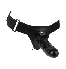 Полый черный страпон на эластичных ремешках - 19 см.