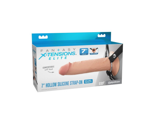 Телесный полый страпон на черных ремнях Hollow Silicone Strap-on - 17,8 см.