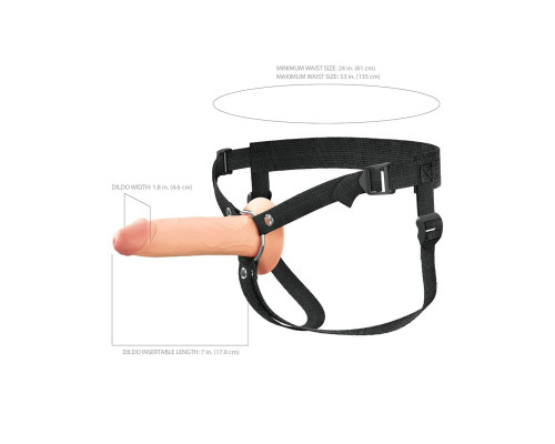 Телесный полый страпон на черных ремнях Hollow Silicone Strap-on - 17,8 см.