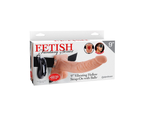 Телесный полый страпон с вибрацией Vibrating Hollow Strap-On with Balls - 24 см.