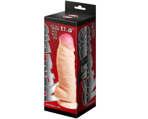 Телесный фаллоимитатор-супергигант с мошонкой на присоске - 30 см.
