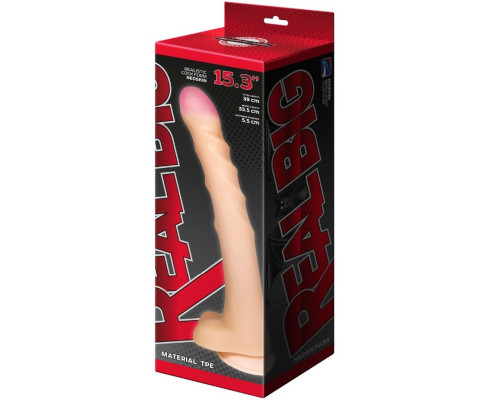 Телесный ребристый фаллоимитатор-супергигант с мошонкой на присоске - 39 см.