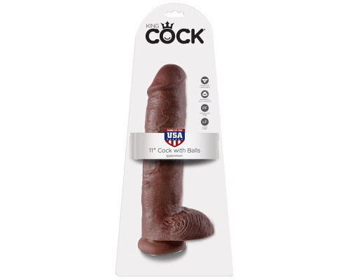 Коричневый фаллоимитатор-гигант на присоске 11  Cock with Balls - 28 см.