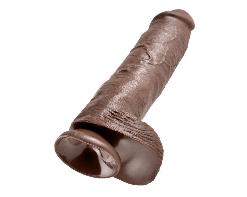 Коричневый фаллоимитатор-гигант на присоске 11  Cock with Balls - 28 см.