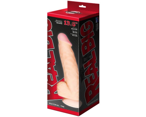 Телесный фаллоимитатор-супергигант с мошонкой на присоске - 34,5 см.