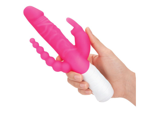 Розовый перезаряжаемый вибратор с 2 дополнительными отростками - 22 см.