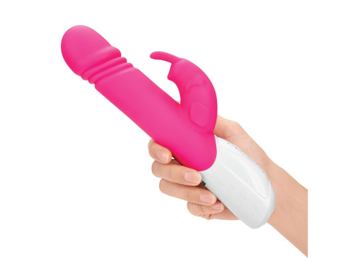 Розовый вибратор-кролик с возвратно-поступательными движениями головки - 24 см.