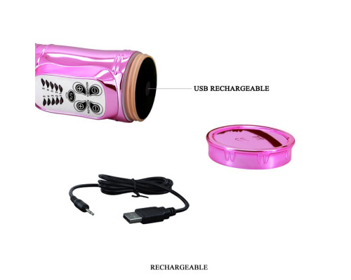 Розовый перезаряжаемый вибромассажер с ротацией, поступательными движениями и стимуляцией клитора - 29,5 см.