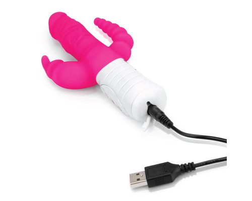 Розовый перезаряжаемый вибратор с 2 дополнительными отростками - 22 см.