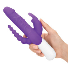 Фиолетовый перезаряжаемый вибратор с 2 дополнительными отростками - 22 см.