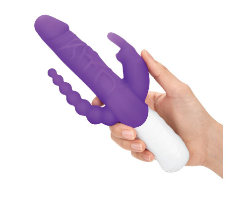 Фиолетовый перезаряжаемый вибратор с 2 дополнительными отростками - 22 см.