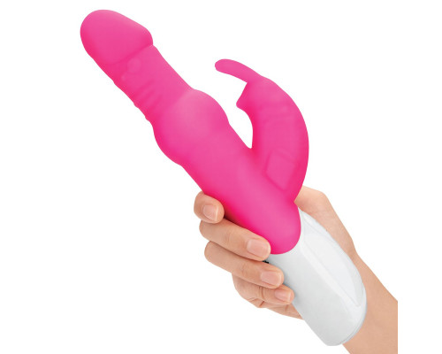 Розовый вибратор-кролик с вращающимися бусинами - 25 см.