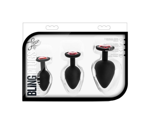 Набор черных анальных пробок с красным кристаллом-сердечком Bling Plugs Training Kit