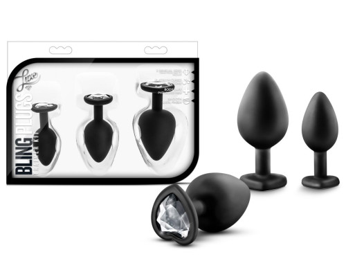 Набор из 3 черных пробок с прозрачным кристаллом-сердечком Bling Plugs Training Kit