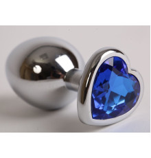 Серебристая анальная пробка с синим кристаллом-сердцем - 9 см.