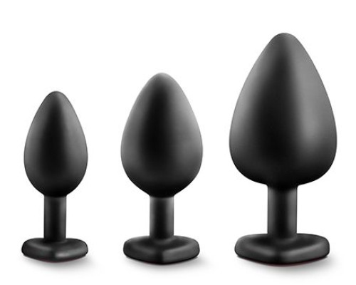 Набор черных анальных пробок с красным кристаллом-сердечком Bling Plugs Training Kit