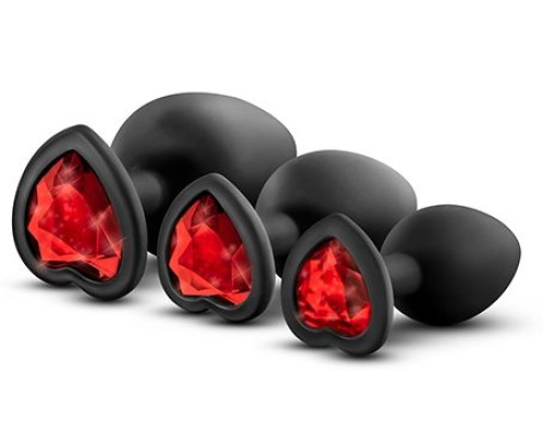 Набор черных анальных пробок с красным кристаллом-сердечком Bling Plugs Training Kit