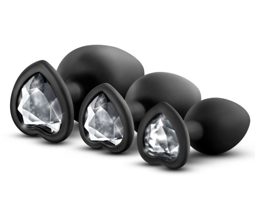 Набор из 3 черных пробок с прозрачным кристаллом-сердечком Bling Plugs Training Kit