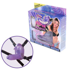 Фиолетовый вибростимулятор в виде рога носорога на регулируемых трусиках и с пультом ДУ