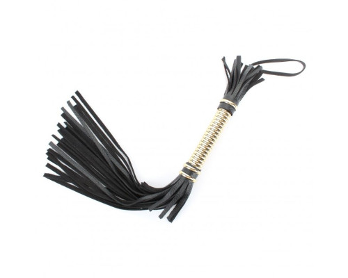 Чёрная кожаная плетка с золотистой рукоятью - 50 см.