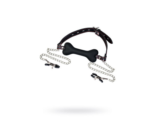 Черный кляп-трензель Theatre в виде косточки с зажимами для сосков