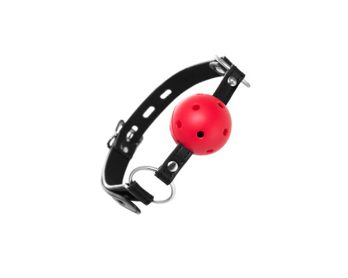 Красный кляп-шар на черных ремешках
