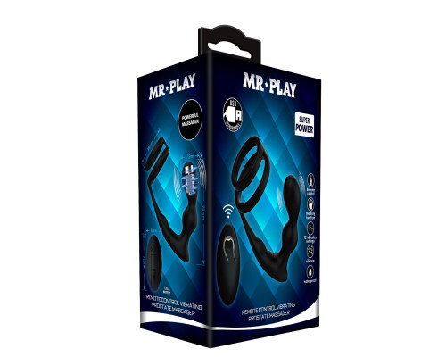 Черный вибростимулятор простаты с фиксацией кольцами