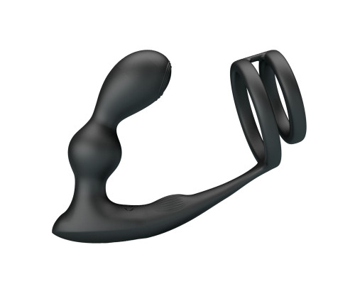 Черный вибростимулятор простаты с фиксацией кольцами