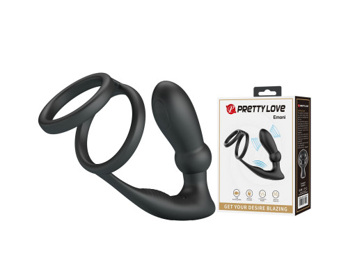 Черный анальный стимулятор простаты с вибрацией и эрекционными кольцами Emoni