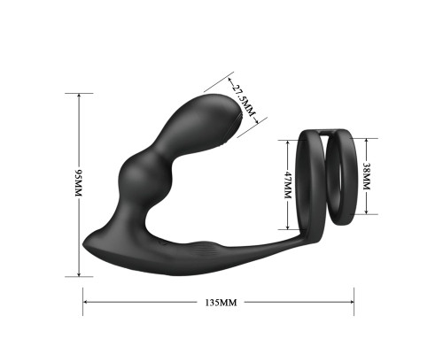 Черный вибростимулятор простаты с фиксацией кольцами